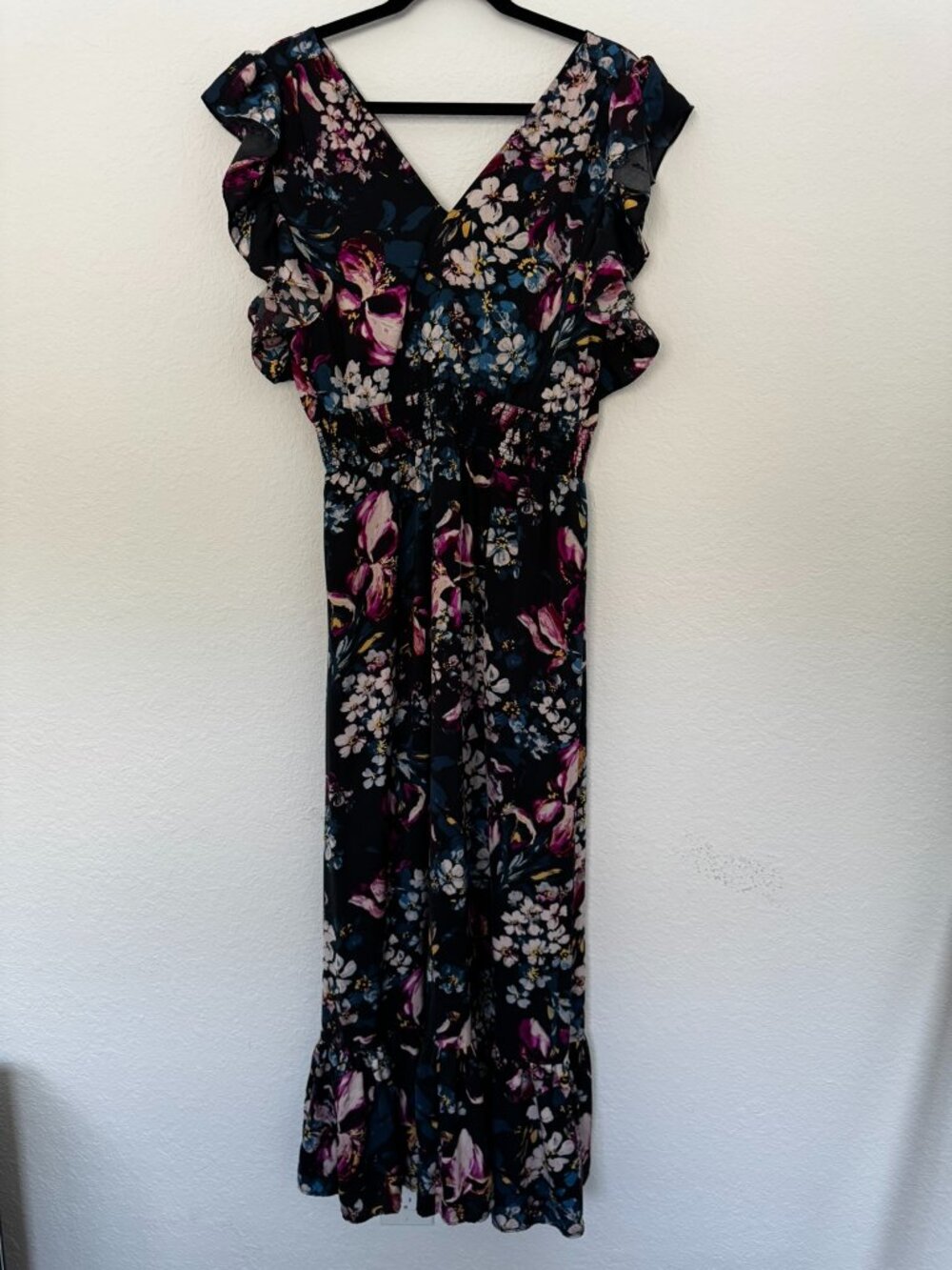 Express Floral Smocked Ruffle Sleeve Slit Maxi Dress